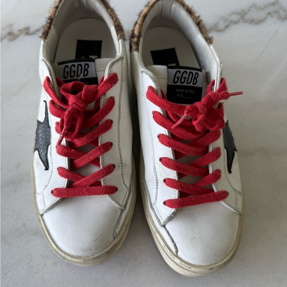 Golden Goose Hi Star White Sneakers with Red and Brown Accents
